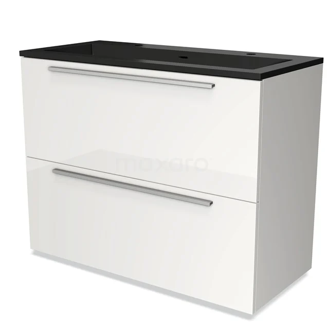 Wit hangend badmeubel met glanzende afwerking, twee lades en zwarte wasbak, ideaal voor moderne badkamers.