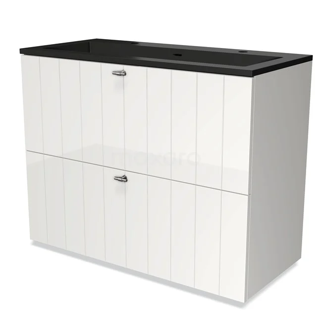 Modulo Waschtische | 100 cm Hochglanz Weiß Lamelle front Quarz 2 hohe Schubladen übereinanderliegend BMW13-01300 Weiße Badschrank mit schwarzer Waschtischplatte, zwei grifflose Schubladen und vertikalen Linien für einen modernen Badezimmerstil.