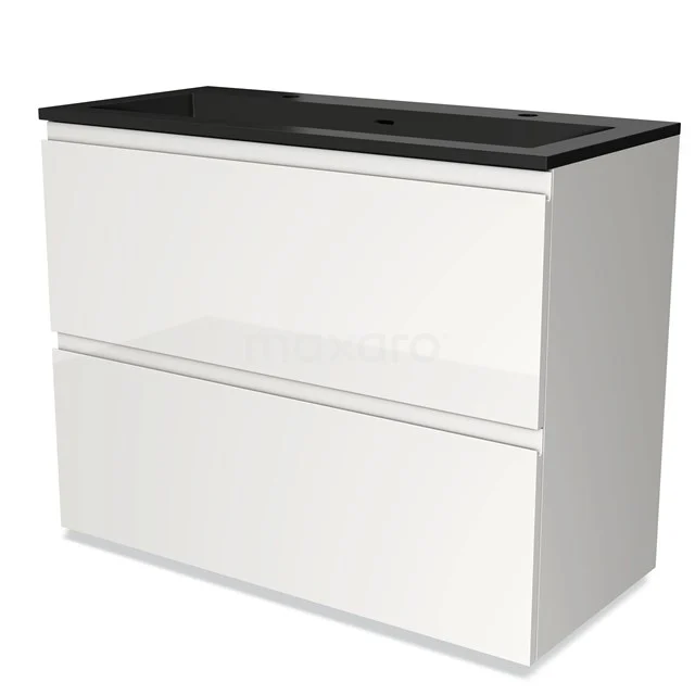 Wit badkamermeubel met zwarte wastafel, strak design, twee brede lades, ideaal voor moderne badkameropslag.