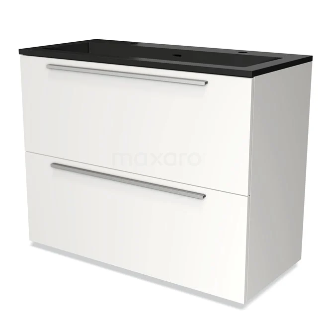 White bathroom unit with two drawers, black basin worktop, sleek design, ideal for modern bathrooms.