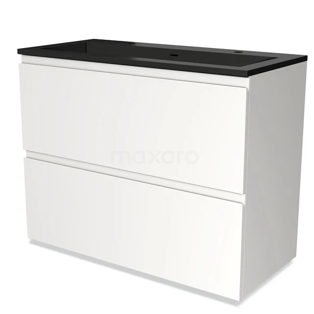 White bathroom cabinet with two drawers and black basin worktop, sleek design, ideal for modern bathrooms.
