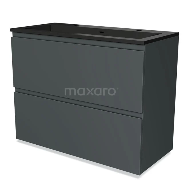 Donkergrijze badkamermeubelset met strak design, twee lades en een zwarte wastafel, perfect voor moderne badkamers.