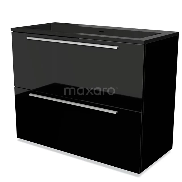 Black bathroom cabinet with high-gloss finish, two drawers and chrome handles for stylish and functional storage space.