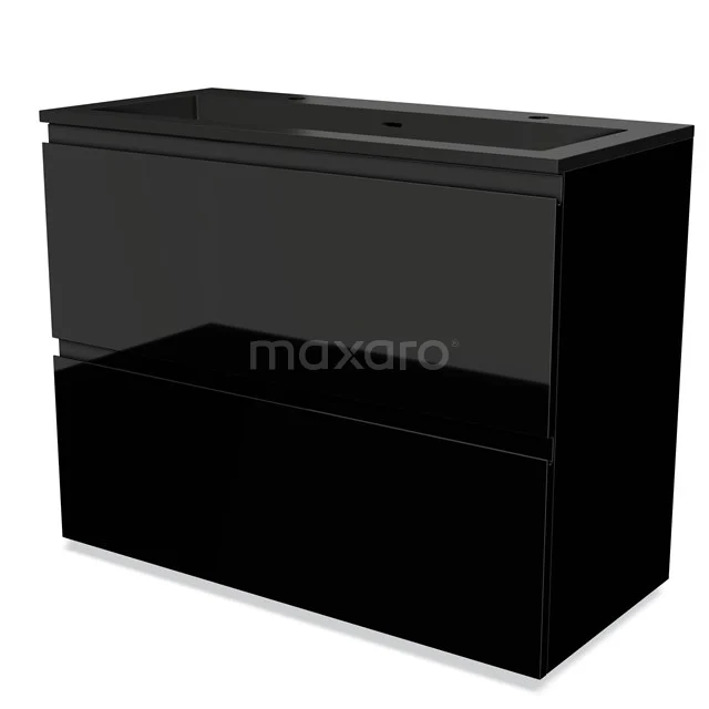 Modulo Badkamermeubel met wastafel | 100 cm Hoogglans zwart Greeploos front Quartz 2 hoge lades onder elkaar BMW13-01310
