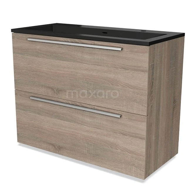 Houten badkamermeubel met twee lades, zwart wastafelblad, moderne grepen, ideaal voor stijlvolle opbergruimte in de badkamer.