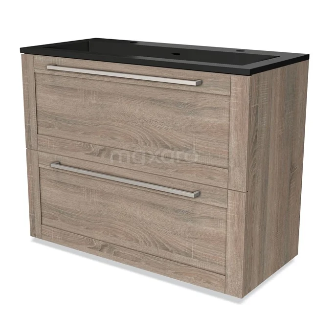 Modulo Bathroom furniture with sink | 100 cm Oak Frame front Quartz 2 stacked drawers under each other BMW13-01312 Oak bathroom unit with two drawers and vanity units with basin in black, modern design and practical storage space.