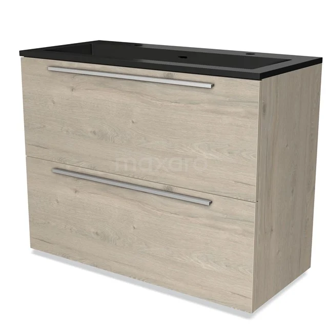 Houten badkamermeubel met twee lades en een zwarte wastafel, modern design, ideaal voor een stijlvolle badkamer inrichting.