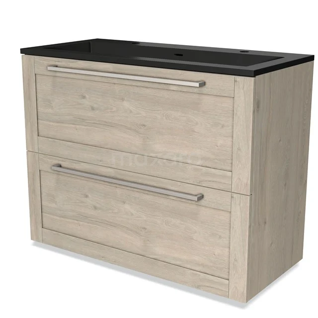 Hölzernes Badezimmermöbel mit schwarzem Waschbecken, zwei Schubladen und metallischen Haltegriffen; modernes Design, ideal für ein stilvolles Badezimmer.