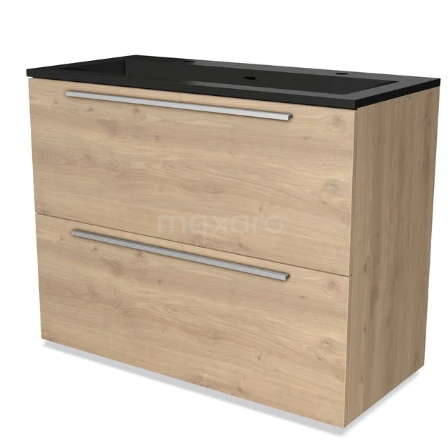 Houten badkamermeubel met zwarte wastafel, twee lades en metalen grepen, ideaal voor moderne badkameropberging.