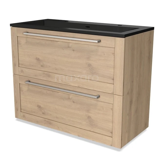 Holz Badschrank mit doppelten Schubladen, Schwarz Stein Waschbeckenplatte und metallischen Akzenten, ideal für moderne Bäder.
