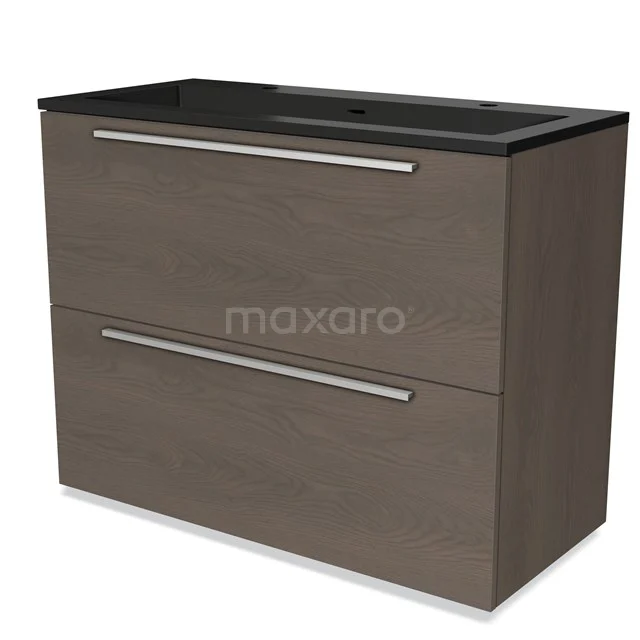 Wooden bathroom unit with dark worktop, sleek design and two drawers, ideal for modern bathroom storage.