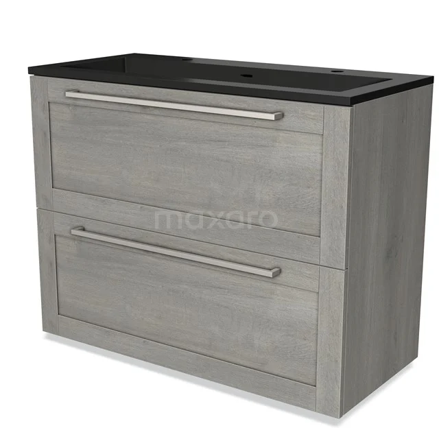 Grey wooden bathroom unit with two drawers and black top, ideal for modern bathroom storage.