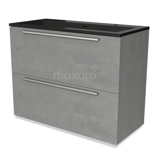 Grey bathroom unit with two drawers, sleek design, black metal worktop and handles, ideal for modern bathroom design.