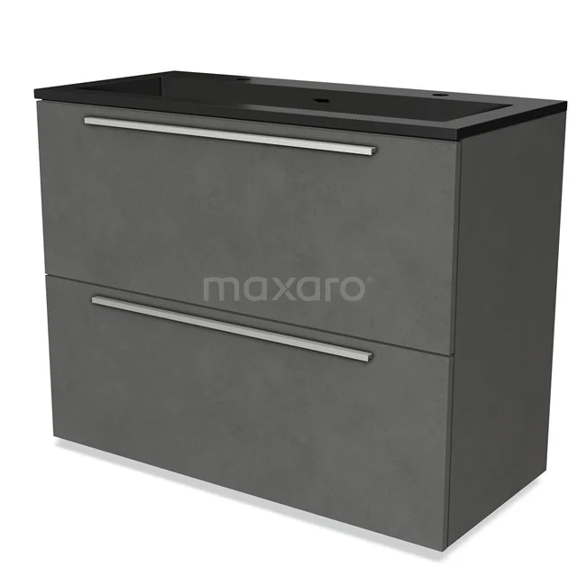 Grijze badkamerkast met een moderne betonlook, twee lades en een zwarte wastafel bovenop. Perfect voor een stijlvolle badkamer.