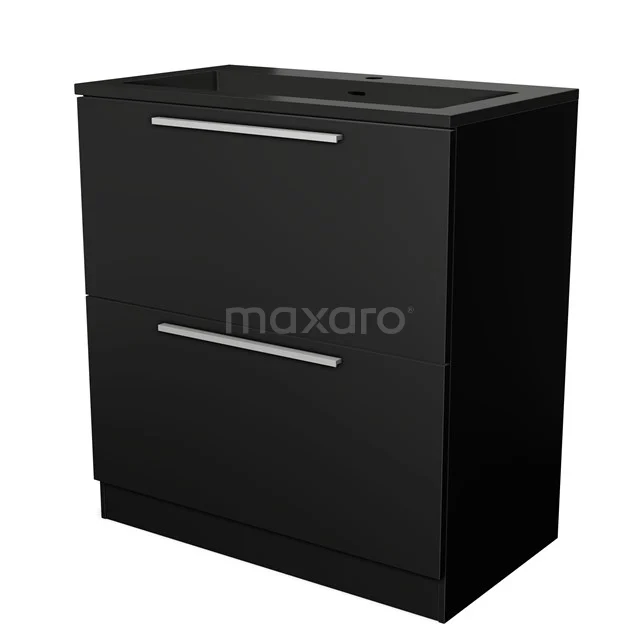 Zwarte badkamermeubel met twee lades, strak design en metalen handgrepen, ideaal voor moderne badkameropslag.