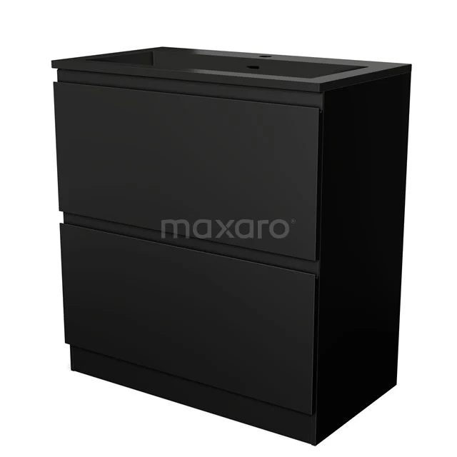 Zwart badkamermeubel met twee lades, strakke afwerking, modern design en extra opbergruimte voor een georganiseerde badkamer.