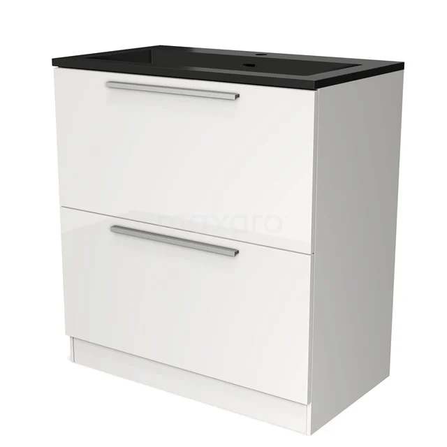 White bathroom unit with black basin worktop and two drawers, sleek design, ideal for modern bathrooms.