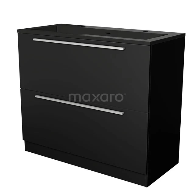 Schwarzer Badschrank mit zwei breiten Schubladen, matt verarbeitet und ausgestattet mit eleganten Metallhaltegriffen, ideal für moderne Badezimmer.