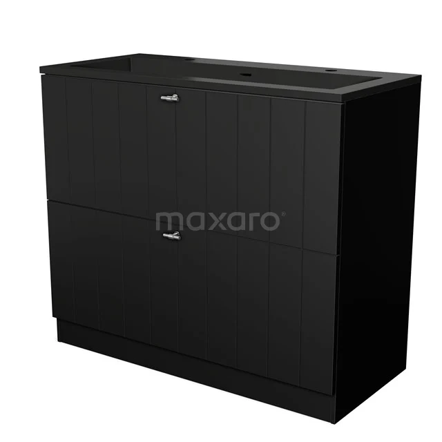 Black bathroom cabinet with a sleek design, two-tier storage space and modern handles, perfect for an organised bathroom.
