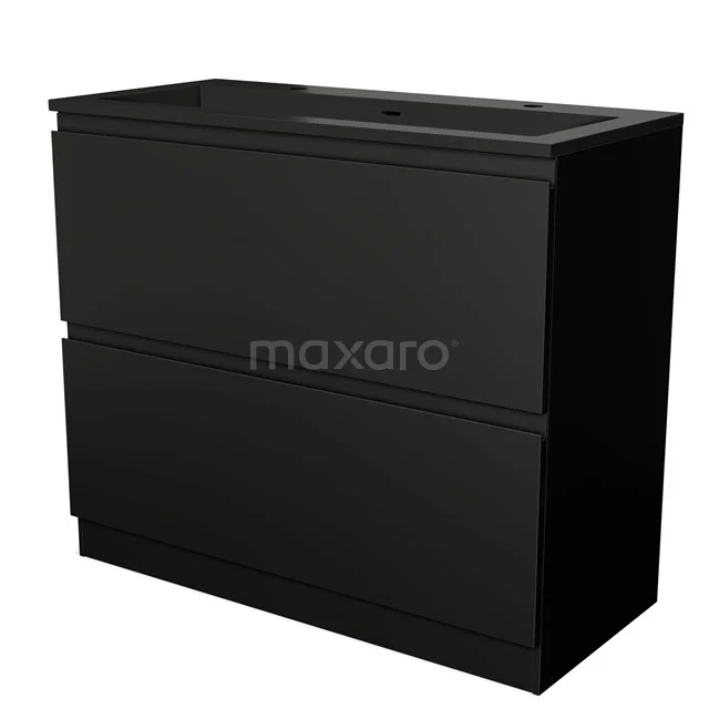 Schwarzes Badezimmermöbel mit zwei Schubladen, modernes Design, matte Oberfläche, ideal zum Verstauen in einem stilvollen Badezimmer.