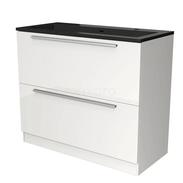 Wit badkamermeubel met twee lades, zwarte bovenplaat en moderne handgrepen, ideaal voor een stijlvolle badkamerindeling.