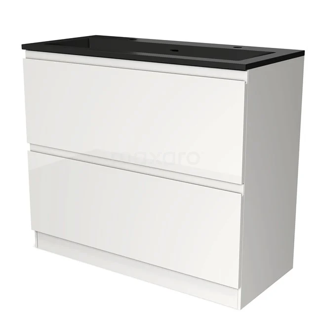 Weiße Badmöbel mit schwarzem Waschbecken, minimalistisches Design, zwei Schubladen, ideal für moderne Badezimmeraufstellungen.