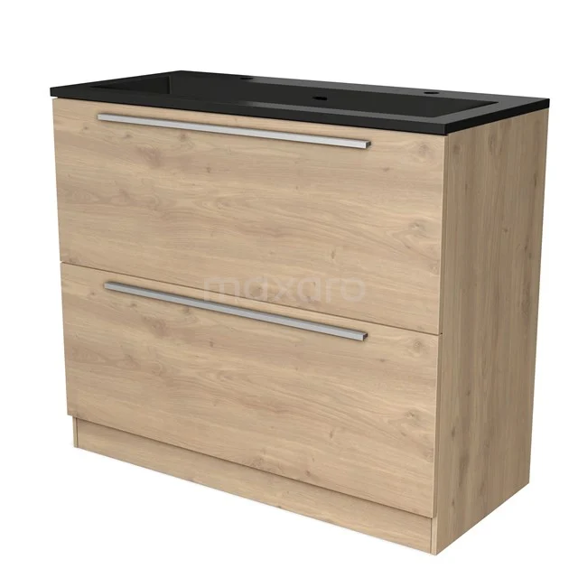 Houten badkamerkast met twee lades, zwarte wastafelblad en strakke lijnen, ideaal voor moderne badkamerinrichting.