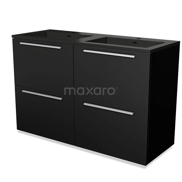 Zwarte dubbele wastafelonderkast met mat afwerking en moderne metalen handgrepen, perfect voor een stijlvolle badkamer.