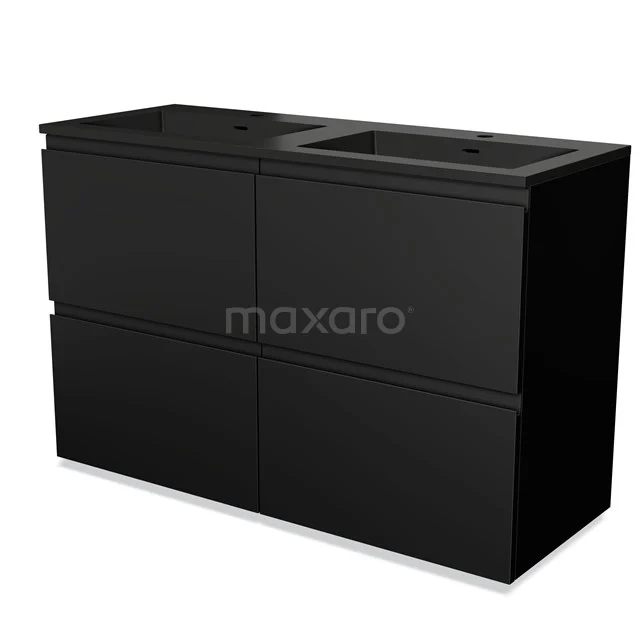 Zwarte dubbele wastafelmeubelset met vier lades, strak design, ideaal voor moderne badkamers.