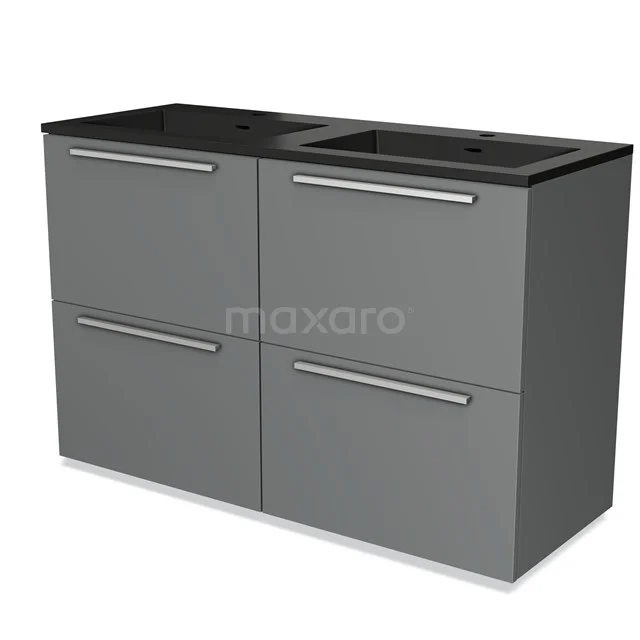 Grijze badkamermeubelset met dubbele wastafel, strak design, vier lades en zwarte bovenblad; ideaal voor moderne badkamers.