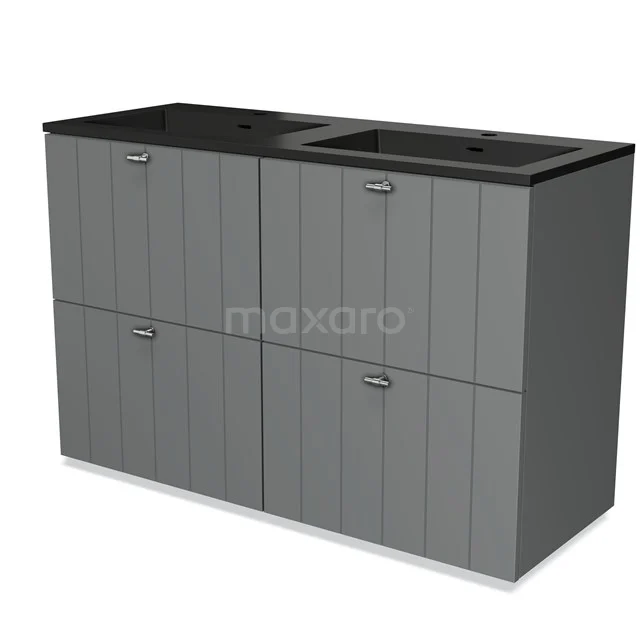 Grijze houten badkamerkast met zwart wastafelblad, dubbel bassin en verticale panelen, ideaal voor moderne badkameropslag.