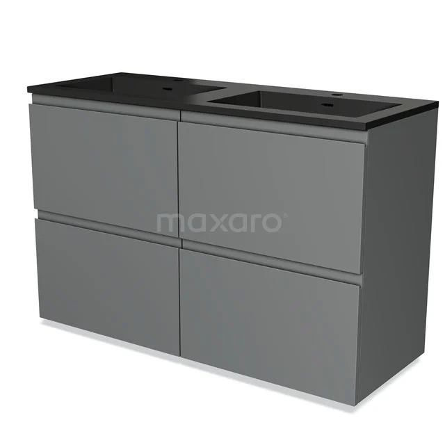 Grey double basin base cabinet with four drawers, A matte finish and sleek design, ideal for a modern bathroom.