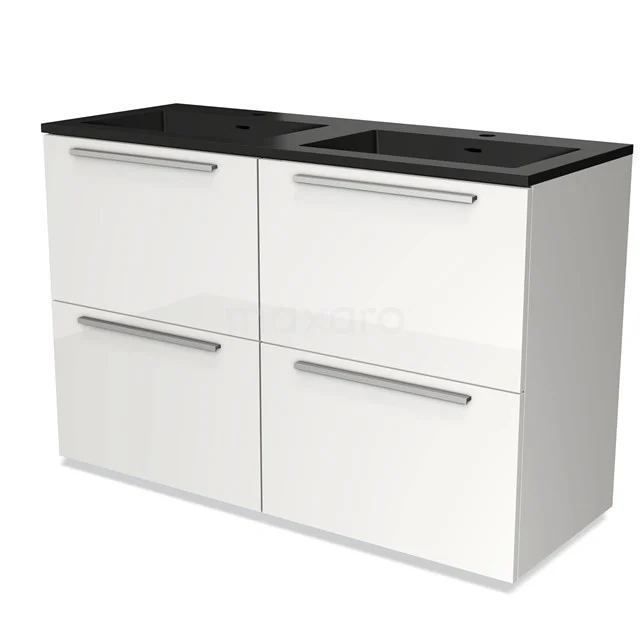 Modulo Bathroom furniture with sink | 120 cm High-gloss white Flat front Quartz 4 high drawers BMW14-00532 White bathroom unit with black double basin, 4 drawers and modern metal handles; stylish and functional design.