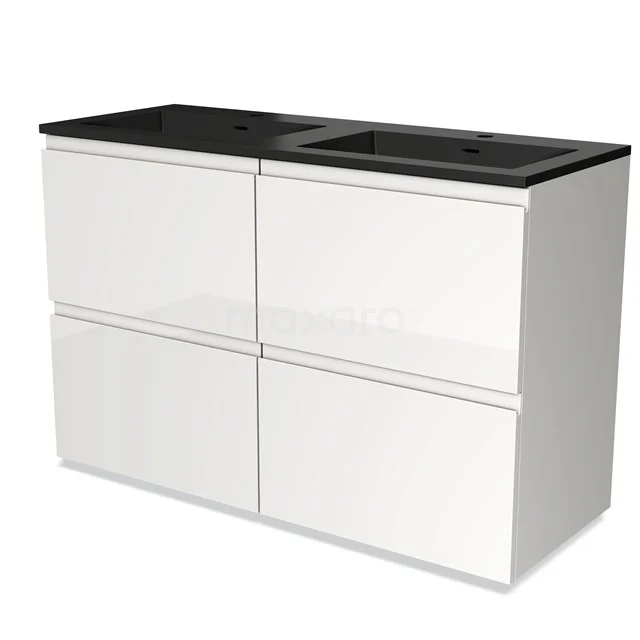 Weißes Badezimmermöbel mit schwarzem Waschbecken, modernes Design, 4 Schubladen, nachhaltige Materialien, perfekt für stilvolle Badezimmerlagerung.