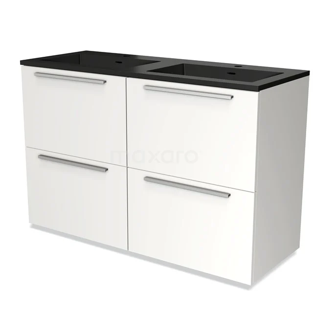 Wit badkamermeubel met vier lades, zwart composiet wastafelblad en dubbele wasbak; modern design voor stijlvolle badkamers.