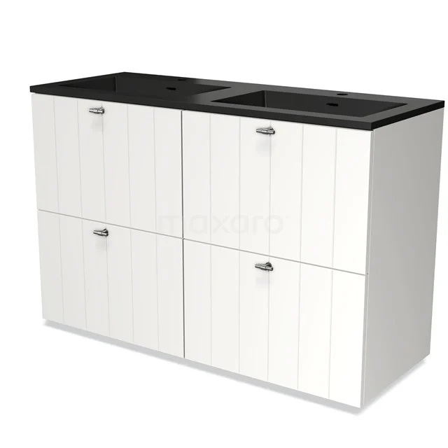 White bathroom unit with black stone worktop, vanity units with basin and panel design, ideal for modern bathroom design.