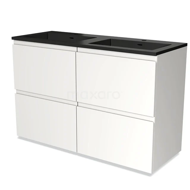 Weißes Badezimmermöbel mit schwarzem Doppelwaschbecken, modernes Design, vier Schubladen für zusätzlichen Stauraum.