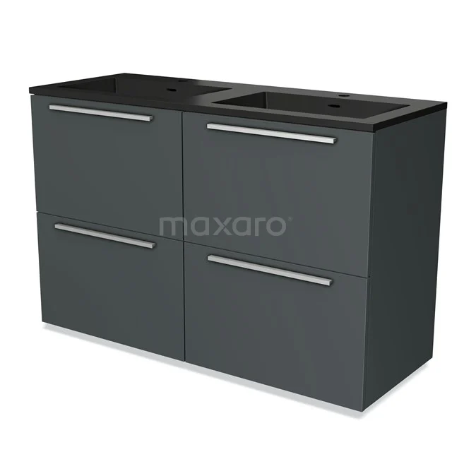 Donkergrijze badkamermeubelset met dubbele wastafel, moderne afwerking en chromen handgrepen.