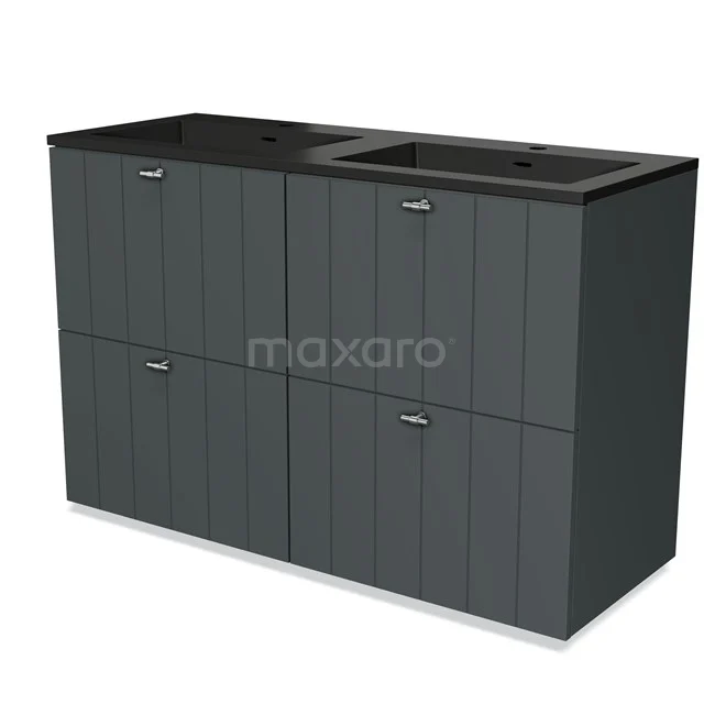 Dark grey bathroom cabinet with double black sink, modern design, wood look and four storage drawers for organised bathrooms.