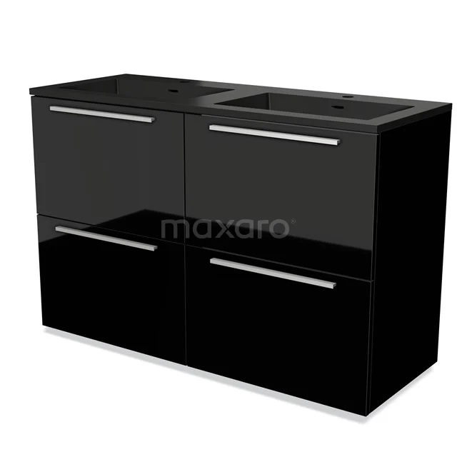 Modulo Bathroom furniture with sink | 120 cm High-gloss black Flat front Quartz 4 high drawers BMW14-00541 Black glossy bathroom unit with double basin, sleek metal handles and four spacious drawers.
