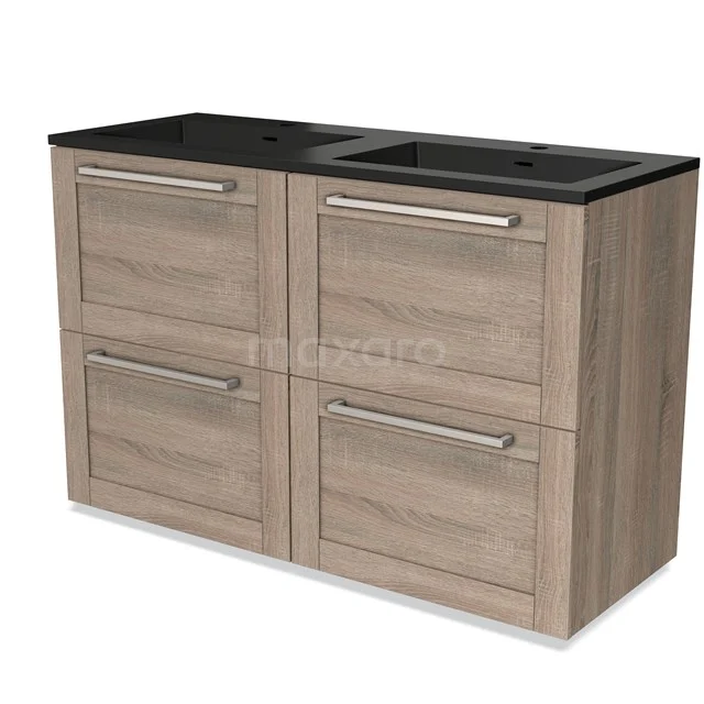 Holz Badezimmermöbel mit 4 Schubladen und Schwarz Waschtischplatte, modernes Design in Eiche Optik für stilvolle Badezimmer Einrichtung.