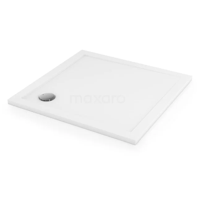 Weiße quadratische Duschwanne mit Abfluss oben links, aus hochwertigem Acryl, ideal für moderne Bäder.