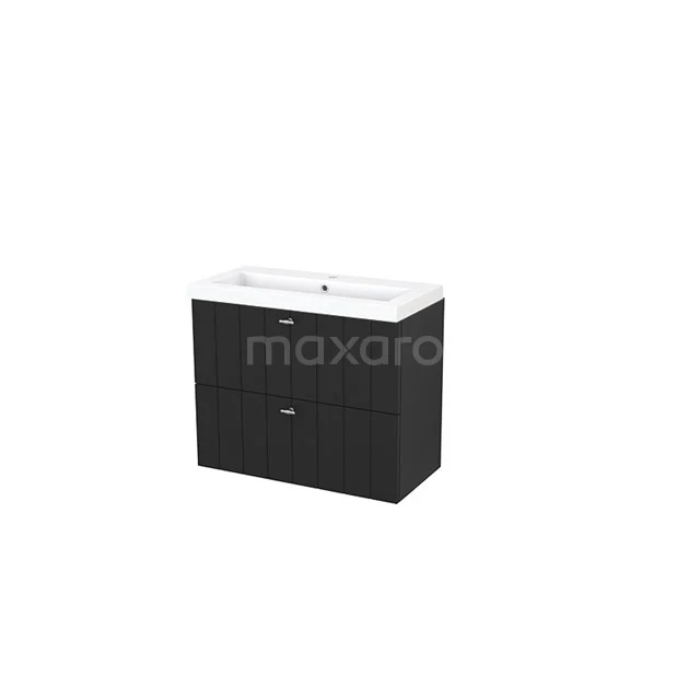 Black bathroom unit with two drawers, ceramic basin and modern finish; ideal for stylish bathroom storage.