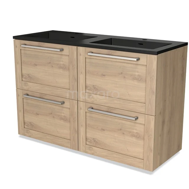 Modulo Bathroom furniture with sink | 120 cm Light brown oak Frame front Quartz 4 high drawers BMW14-00549 Wooden bathroom unit with black vanity units with basin, double basin, four drawers and modern handles, ideal for stylish bathroom design.