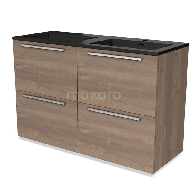 Hölzernes Badezimmermöbel mit Doppelwaschbecken, schwarzer Platte, vier Schubladen und modernem Design aus der naturholzigen Elegance-Serie.