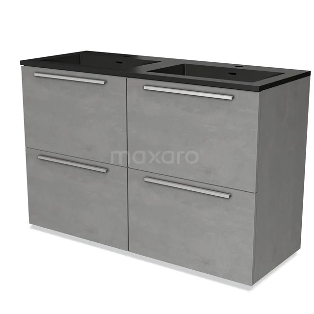 Grijze wastafelmeubel met dubbele wasbak, moderne betonlook en vier lades, ideaal voor stijlvolle badkameropslag.