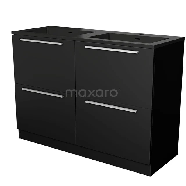 Zwarte badkamermeubelset met twee lades, strakke metalen handgrepen, dubbele wastafel en modern design.