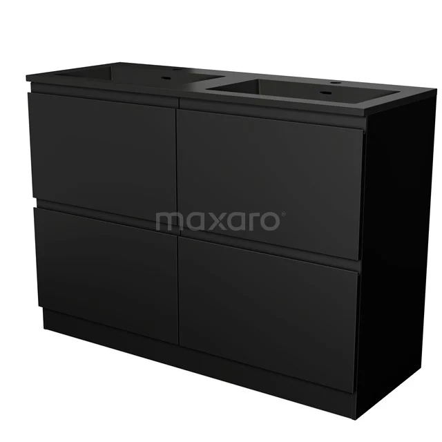 Schwarzer Badschrank mit Doppelwaschbecken, matte Oberfläche, modernes Design, ideal für stilvolle und praktische Badezimmergestaltung.