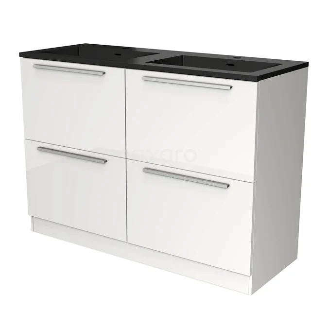 Weißes Badezimmermöbel mit schwarzem Doppelwaschbecken, modernes Design, vier Schubladen mit Metallgriffen für optimalen Stauraum.