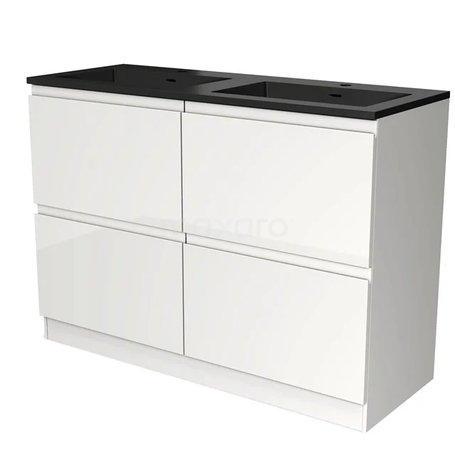 Witte badkamermeubel met zwart dubbele wastafelblad, modern design, strakke lijnen, ideaal voor stijlvolle badkamer inrichting.